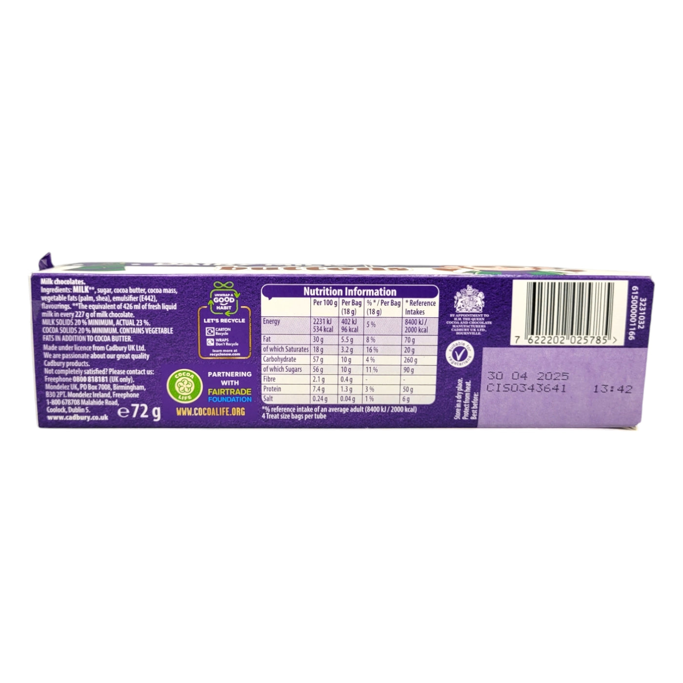 Cadbury Buttons Tube, 72g ingredients