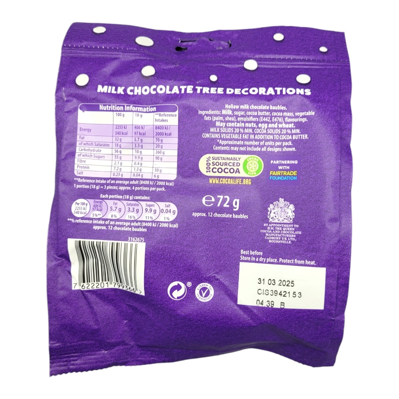 Cadbury Mini Baubles Tree Decoration 72g back