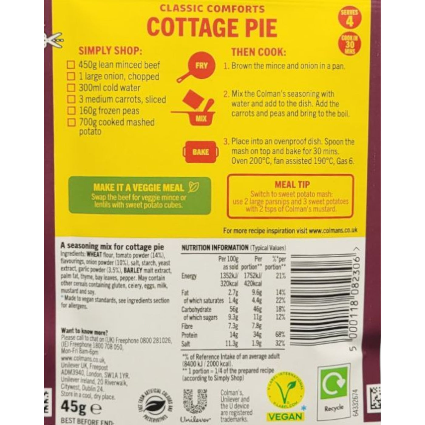 Colman's Cottage Pie Mix 45g ingredients