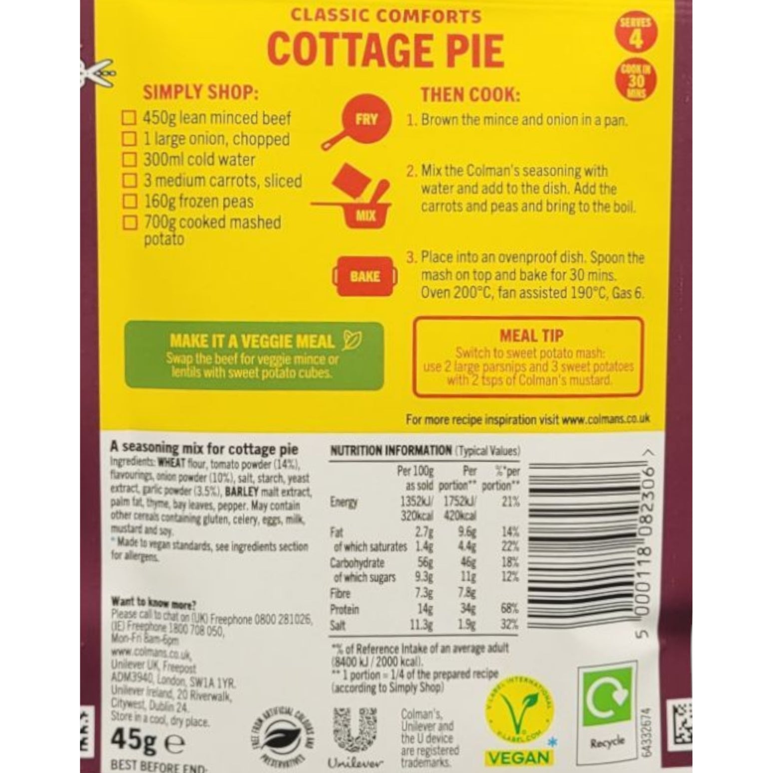 Colman's Cottage Pie Mix 45g ingredients