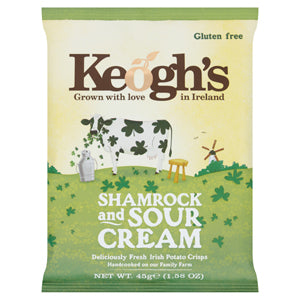 Packaging for Keogh's Shamrock and Sour Cream, featuring an illustration of a cow with a shamrock on a green background, indicating that the product is gluten-free.
