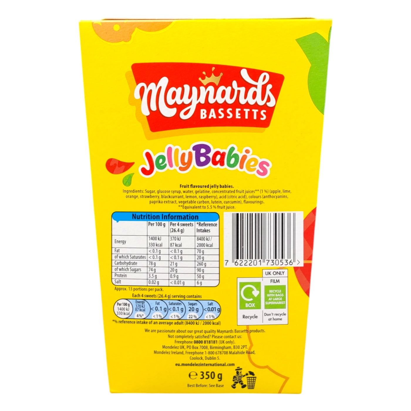 Maynards Bassetts Jelly Babies Carton, 350g ingredients