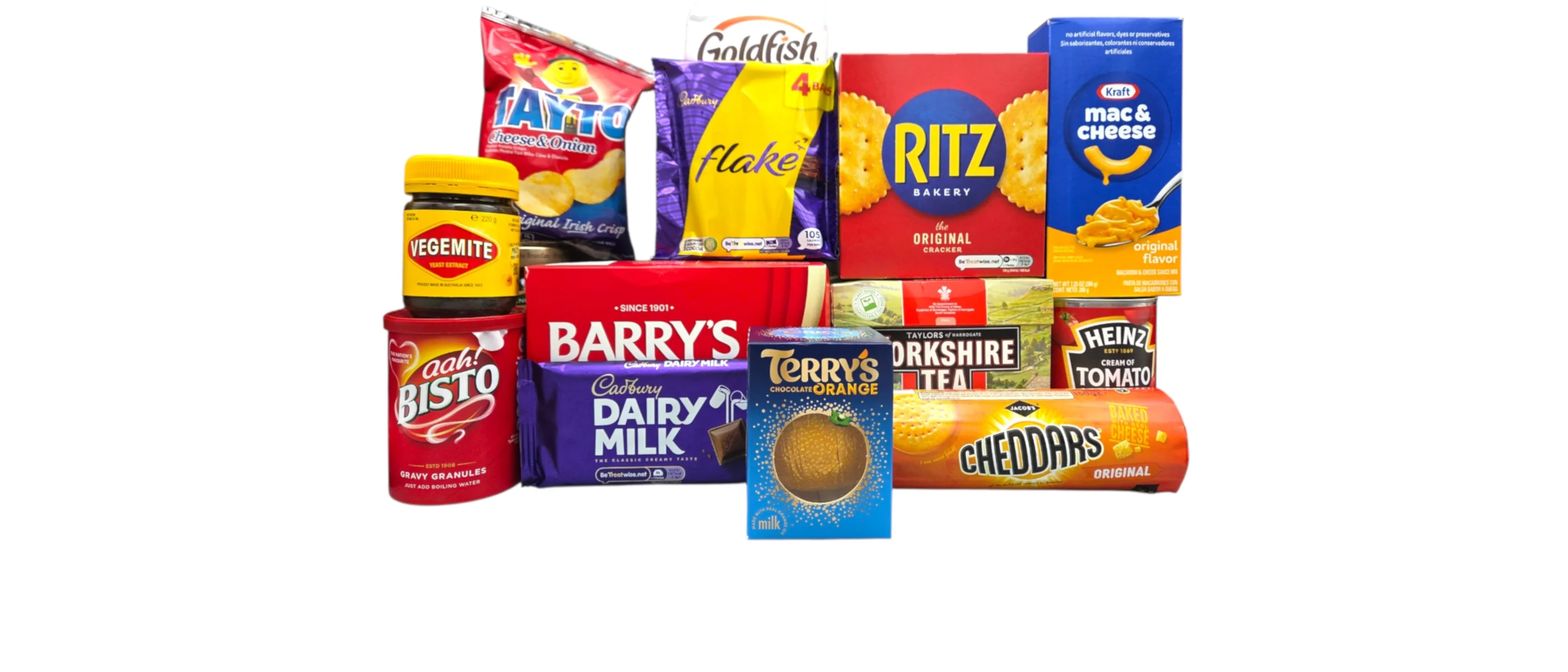 Our British, American, Irish, Australian food bestsellers, including Ritz crackers, Bisto, Barry's, Yorkshire tea, Tayto, Cadbury Dairy Milk, Terry's chocolate orange, flakes, and more